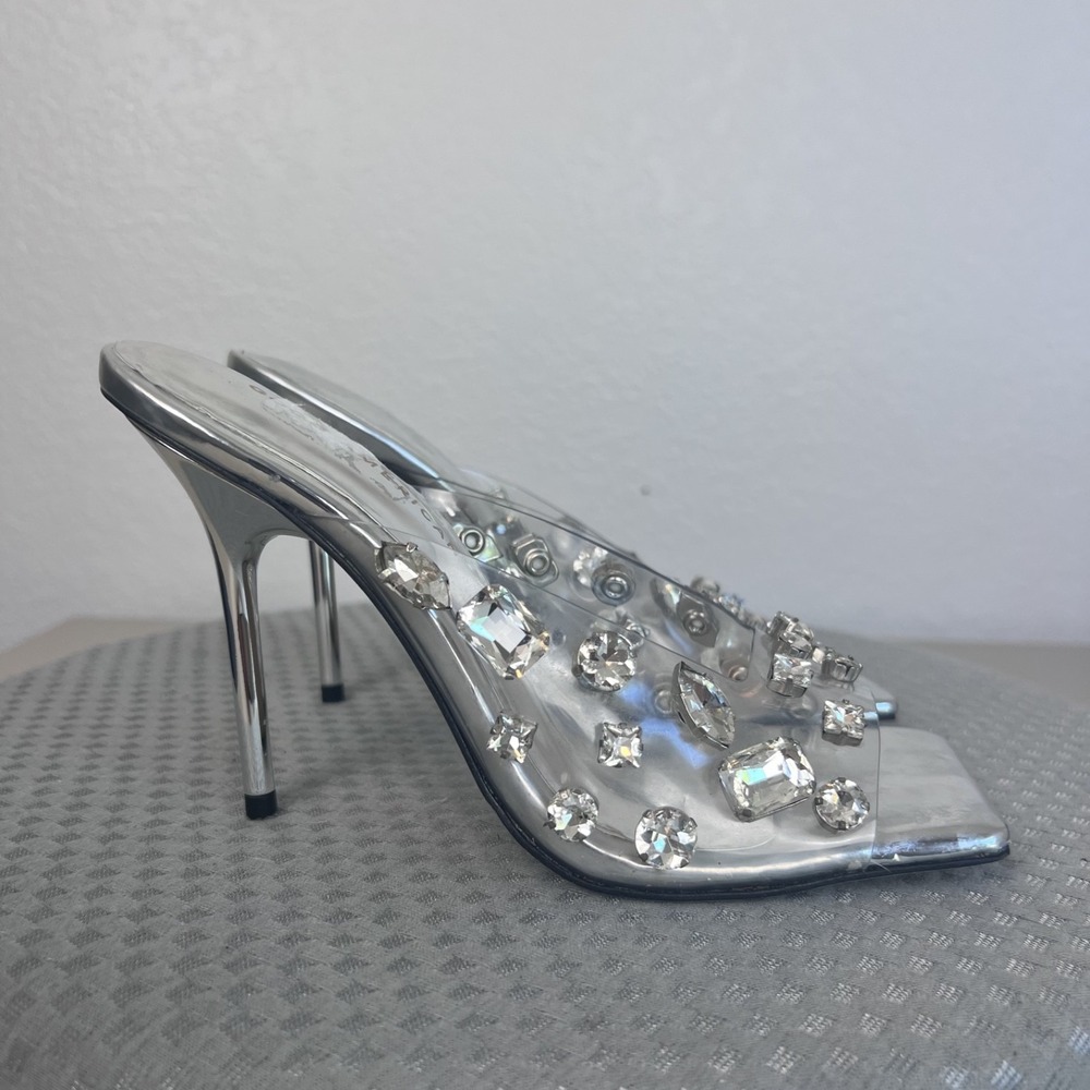 Good American Jeweled Emma Slip Heels Womens 7 Clear Square Toe Glam Statement